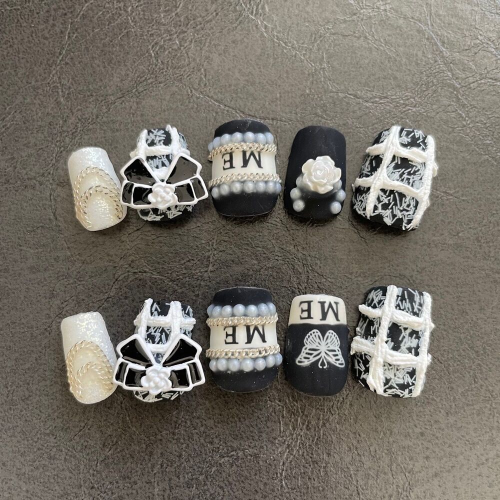 Camellia & Pearl Embellished Tweed Handcrafted Press On Nails